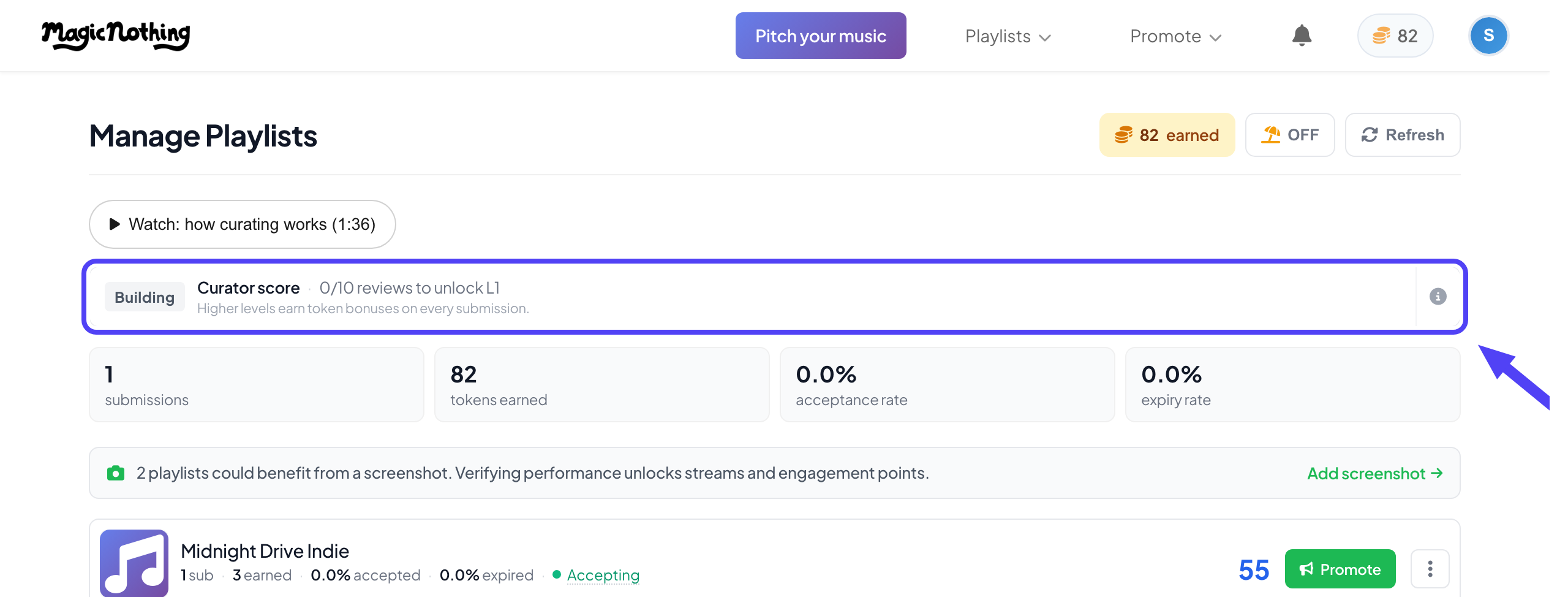 The curator score strip at the top of Manage playlists