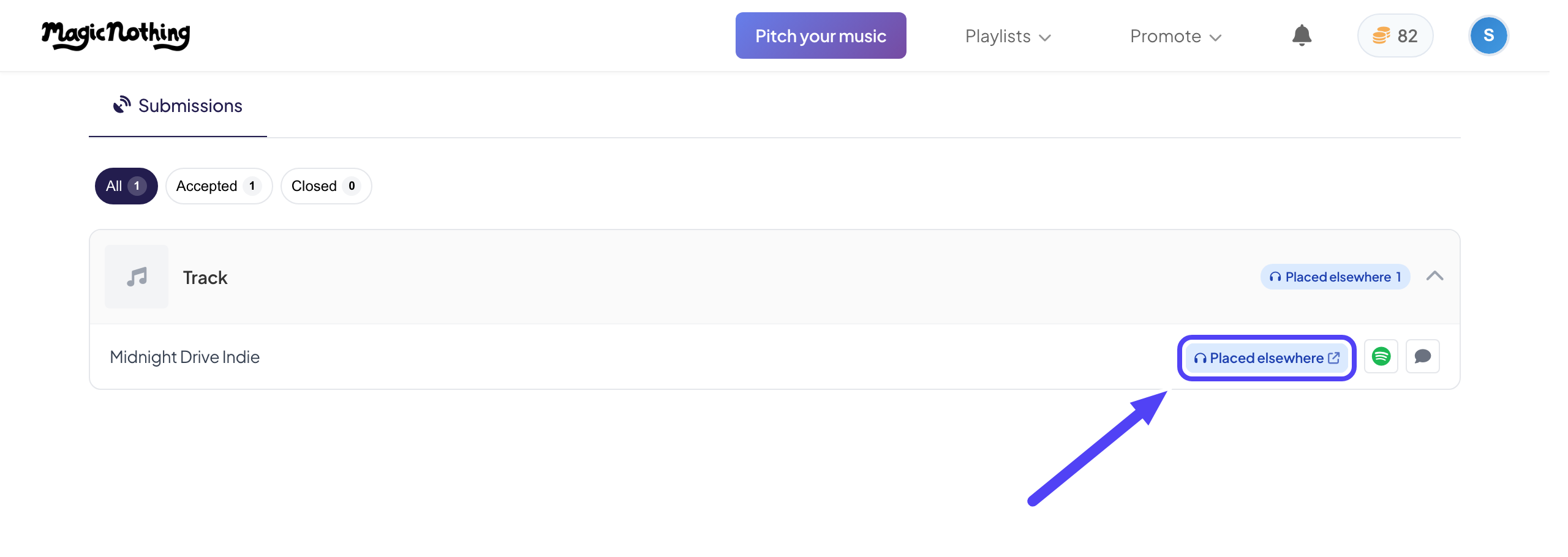 The placed elsewhere badge on a track under My submissions