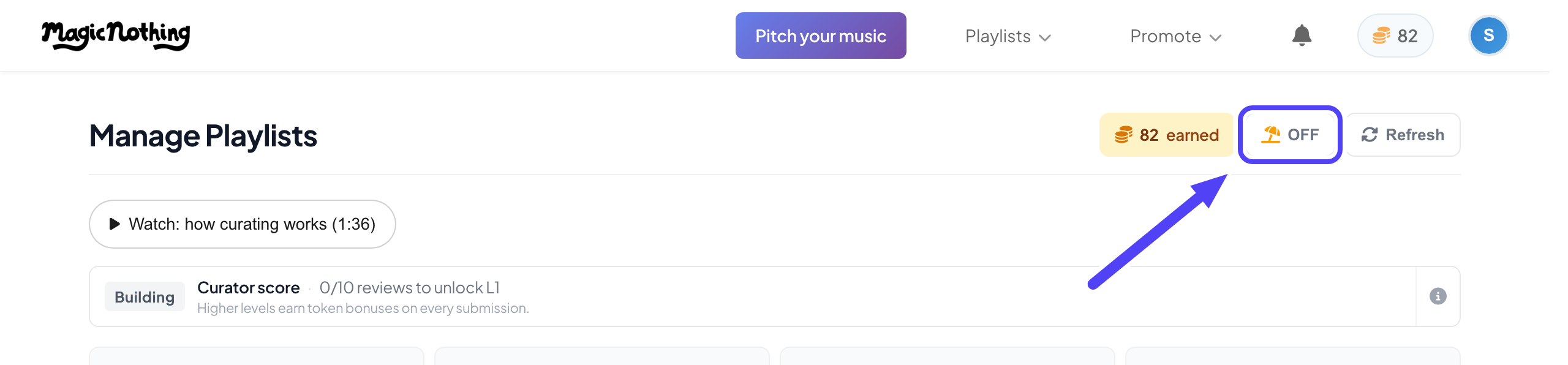 The vacation mode toggle at the top right of the Manage playlists page